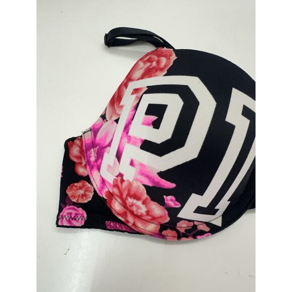 PINK Womens Bra 34B Black Floral Logo Wear Everywhere T-Shirt Lightly Lined - Picture 2 of 10